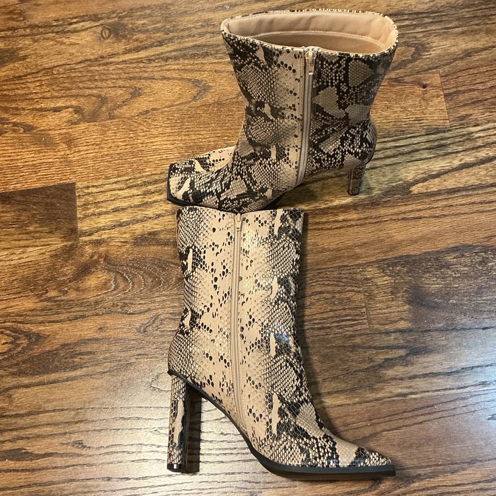 PrettyLittleThing Beige Snakeskin Heeled Boots